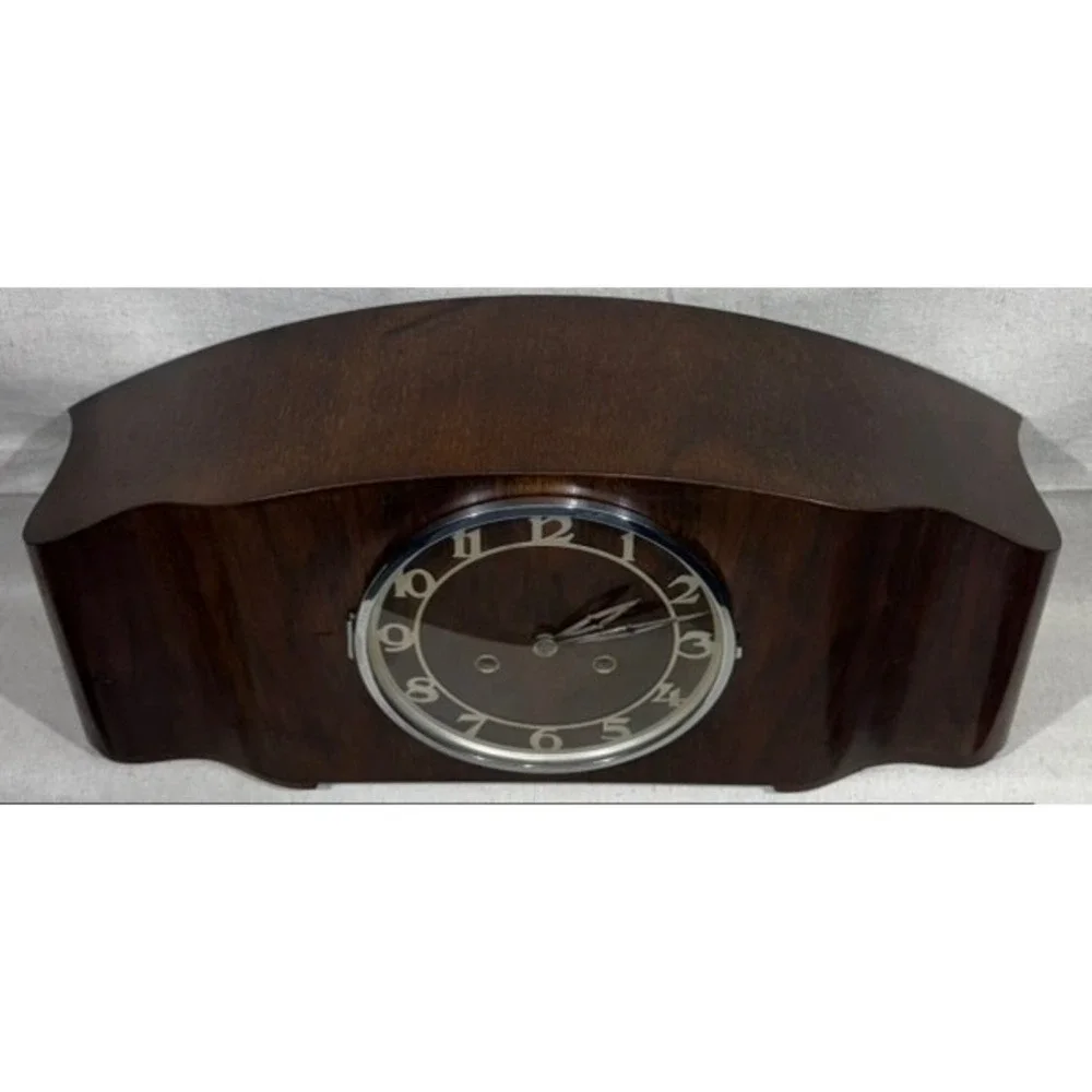 Vintage 1950s Tambour Mantel Clock German 8 Day Movement 130 Stamp Wood Case